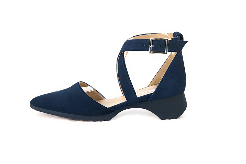 Navy blue women's open side shoes, with crossed straps.. Profile view - Florence KOOIJMAN